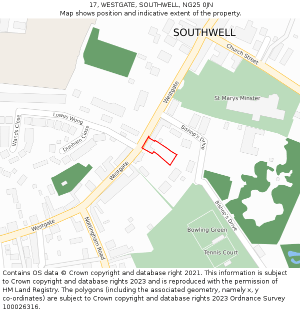17, WESTGATE, SOUTHWELL, NG25 0JN: Location map and indicative extent of plot