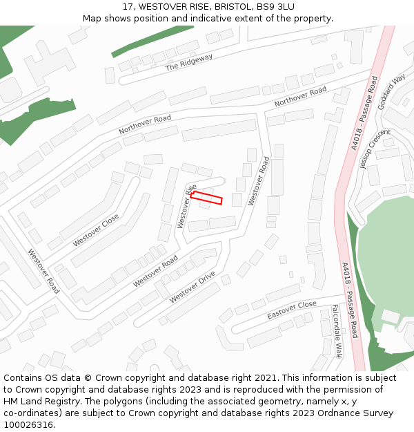 17, WESTOVER RISE, BRISTOL, BS9 3LU: Location map and indicative extent of plot