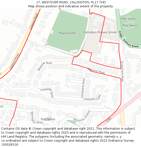 17, WESTOVER ROAD, CALLINGTON, PL17 7HD: Location map and indicative extent of plot