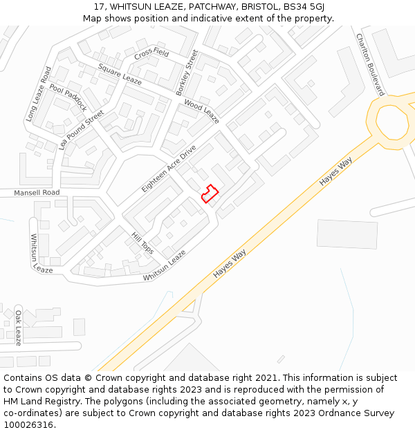 17, WHITSUN LEAZE, PATCHWAY, BRISTOL, BS34 5GJ: Location map and indicative extent of plot