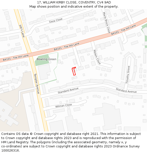17, WILLIAM KIRBY CLOSE, COVENTRY, CV4 9AD: Location map and indicative extent of plot