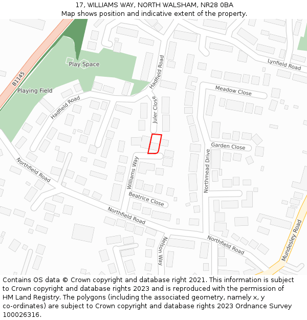 17, WILLIAMS WAY, NORTH WALSHAM, NR28 0BA: Location map and indicative extent of plot