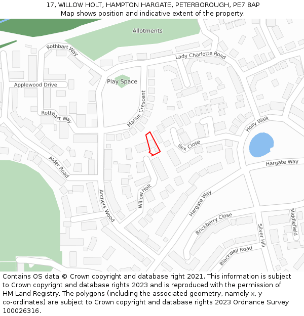 17, WILLOW HOLT, HAMPTON HARGATE, PETERBOROUGH, PE7 8AP: Location map and indicative extent of plot