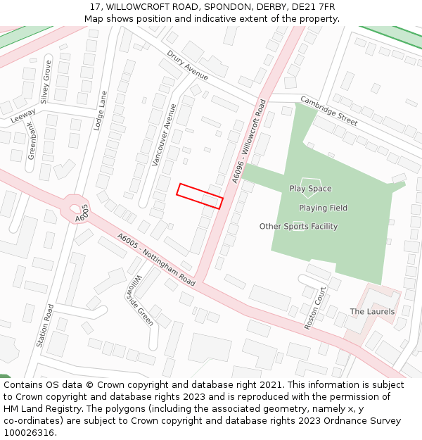 17, WILLOWCROFT ROAD, SPONDON, DERBY, DE21 7FR: Location map and indicative extent of plot