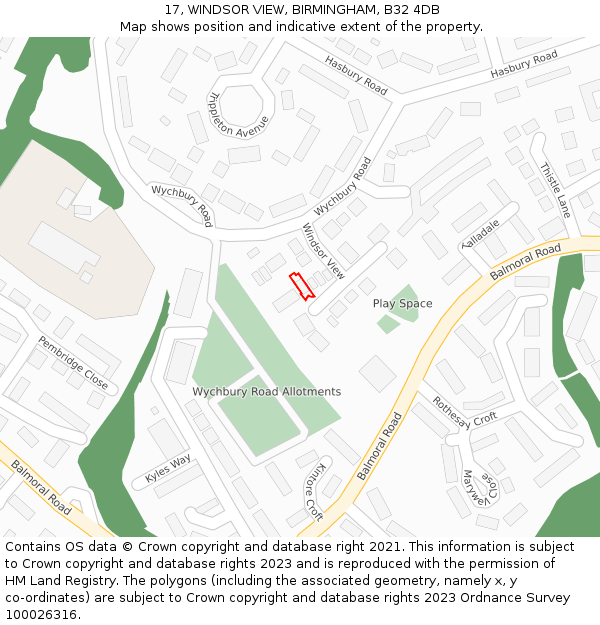 17, WINDSOR VIEW, BIRMINGHAM, B32 4DB: Location map and indicative extent of plot