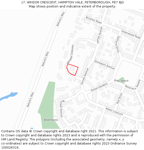 17, WINSOR CRESCENT, HAMPTON VALE, PETERBOROUGH, PE7 8JG: Location map and indicative extent of plot