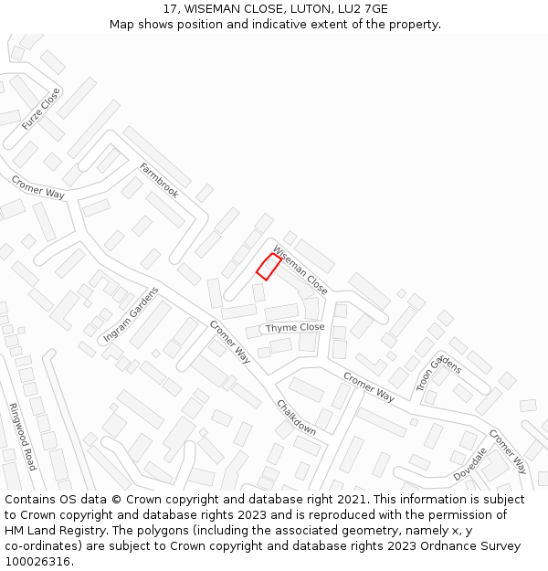 17, WISEMAN CLOSE, LUTON, LU2 7GE: Location map and indicative extent of plot