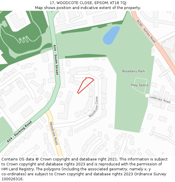 17, WOODCOTE CLOSE, EPSOM, KT18 7QJ: Location map and indicative extent of plot