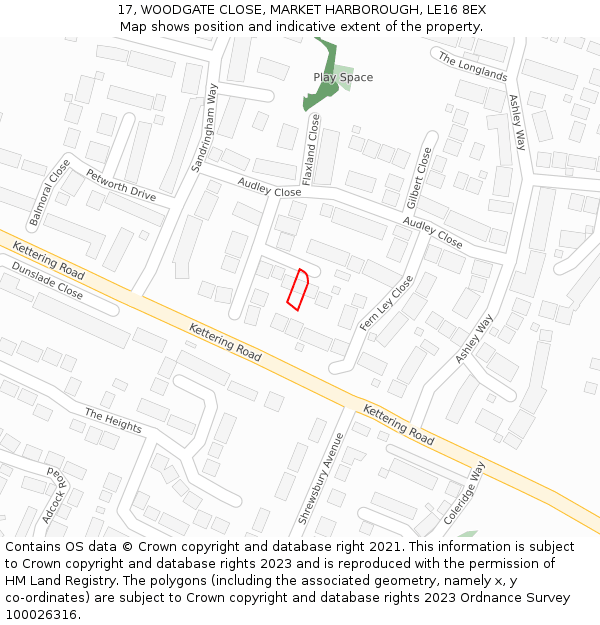 17, WOODGATE CLOSE, MARKET HARBOROUGH, LE16 8EX: Location map and indicative extent of plot