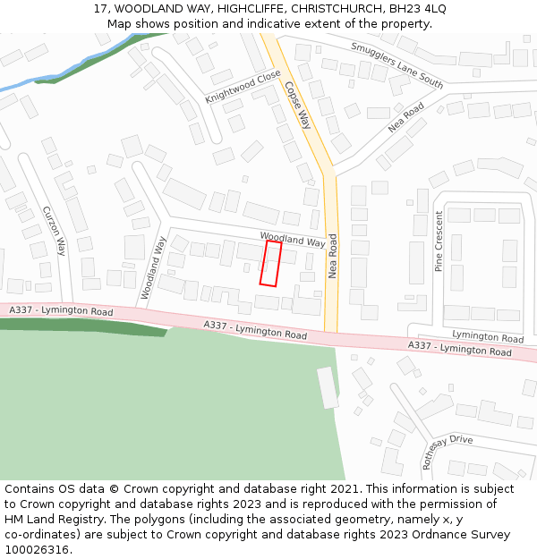 17, WOODLAND WAY, HIGHCLIFFE, CHRISTCHURCH, BH23 4LQ: Location map and indicative extent of plot