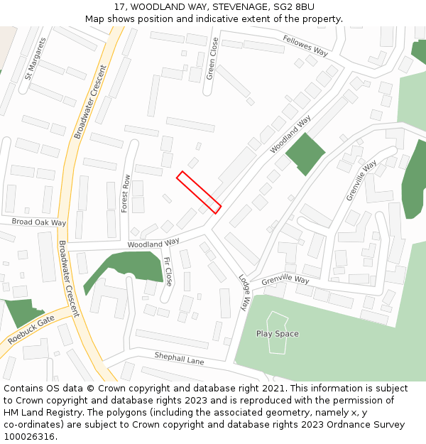 17, WOODLAND WAY, STEVENAGE, SG2 8BU: Location map and indicative extent of plot