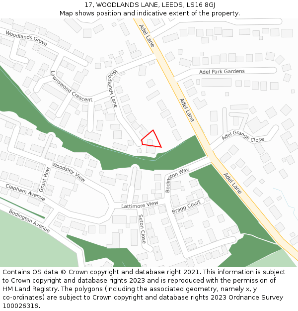 17, WOODLANDS LANE, LEEDS, LS16 8GJ: Location map and indicative extent of plot