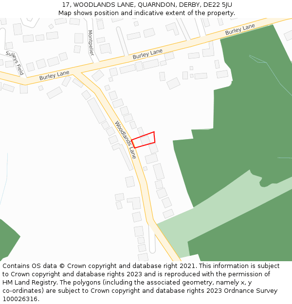 17, WOODLANDS LANE, QUARNDON, DERBY, DE22 5JU: Location map and indicative extent of plot