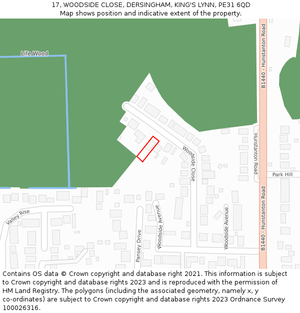 17, WOODSIDE CLOSE, DERSINGHAM, KING'S LYNN, PE31 6QD: Location map and indicative extent of plot