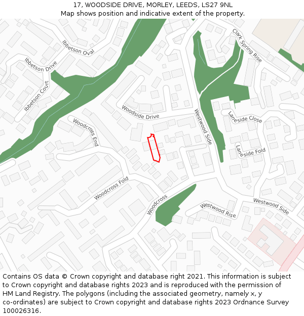 17, WOODSIDE DRIVE, MORLEY, LEEDS, LS27 9NL: Location map and indicative extent of plot