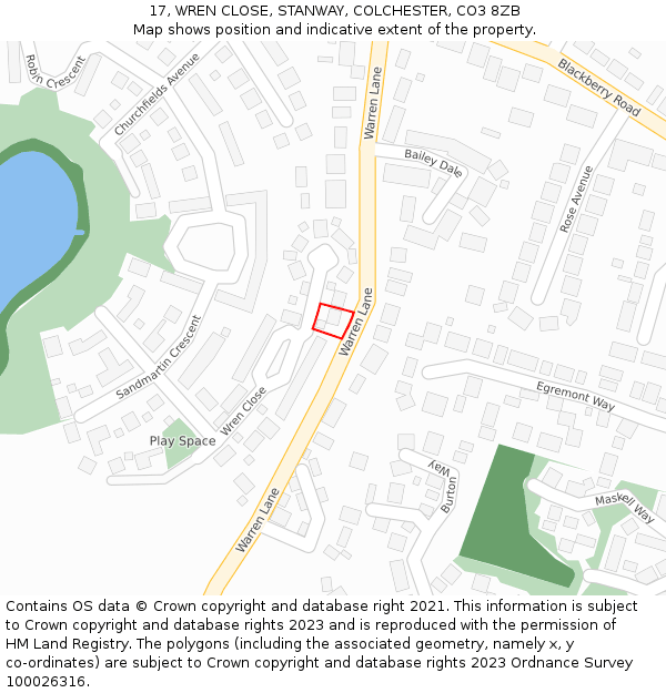 17, WREN CLOSE, STANWAY, COLCHESTER, CO3 8ZB: Location map and indicative extent of plot