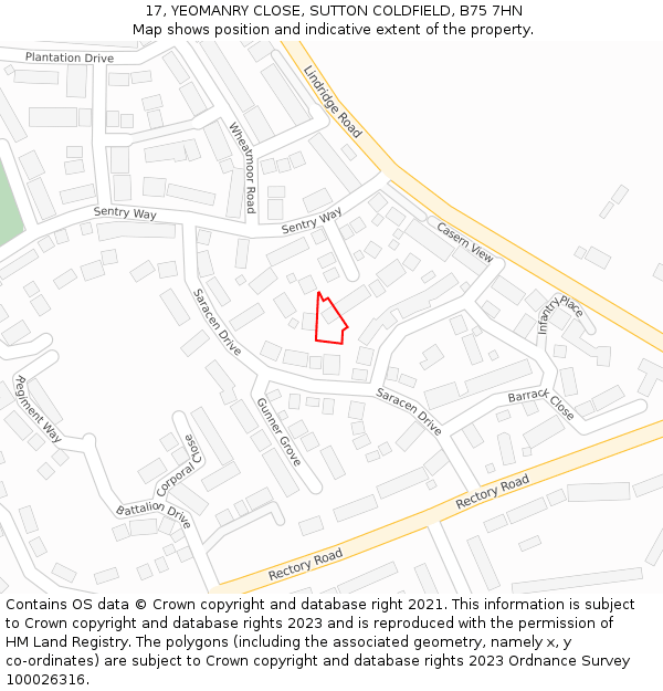 17, YEOMANRY CLOSE, SUTTON COLDFIELD, B75 7HN: Location map and indicative extent of plot