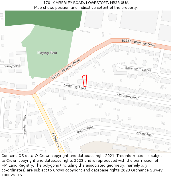 170, KIMBERLEY ROAD, LOWESTOFT, NR33 0UA: Location map and indicative extent of plot