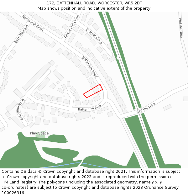 172, BATTENHALL ROAD, WORCESTER, WR5 2BT: Location map and indicative extent of plot