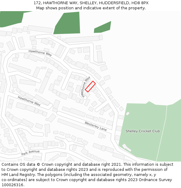 172, HAWTHORNE WAY, SHELLEY, HUDDERSFIELD, HD8 8PX: Location map and indicative extent of plot