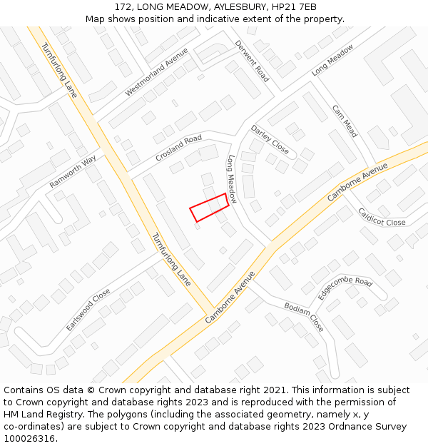 172, LONG MEADOW, AYLESBURY, HP21 7EB: Location map and indicative extent of plot