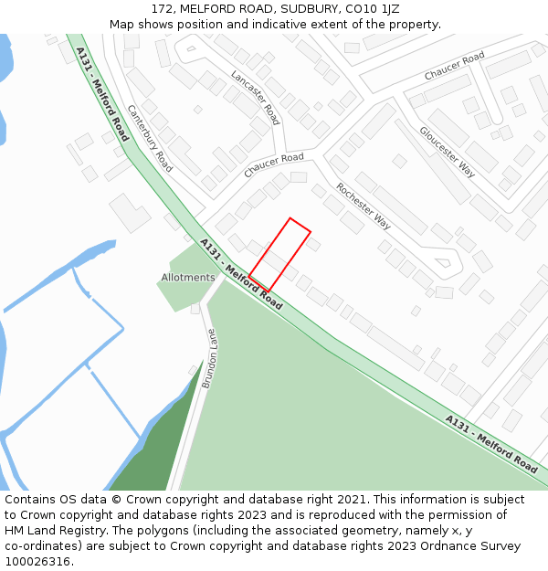 172, MELFORD ROAD, SUDBURY, CO10 1JZ: Location map and indicative extent of plot