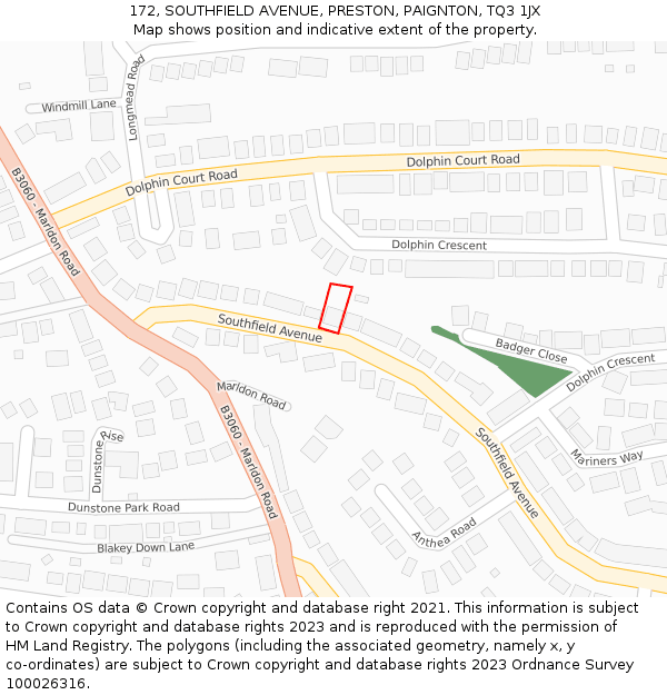 172, SOUTHFIELD AVENUE, PRESTON, PAIGNTON, TQ3 1JX: Location map and indicative extent of plot