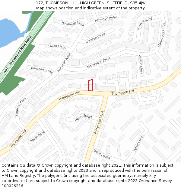 172, THOMPSON HILL, HIGH GREEN, SHEFFIELD, S35 4JW: Location map and indicative extent of plot
