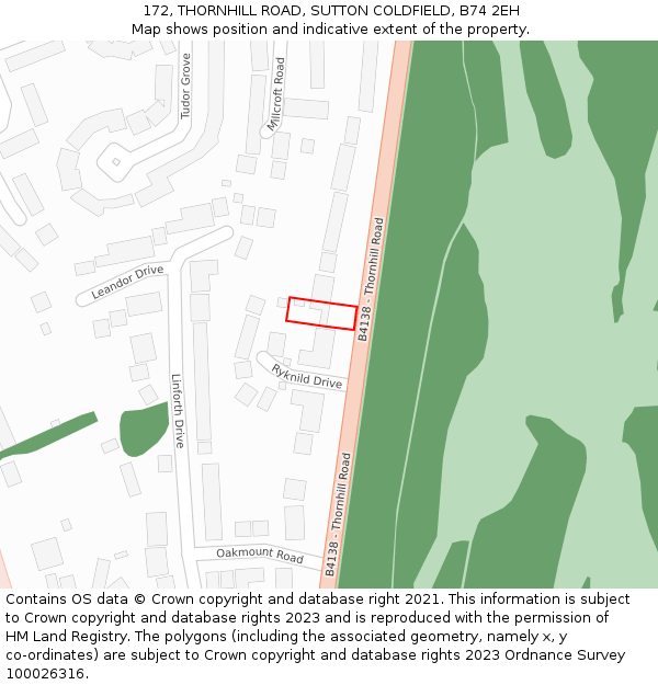 172, THORNHILL ROAD, SUTTON COLDFIELD, B74 2EH: Location map and indicative extent of plot
