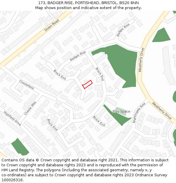 173, BADGER RISE, PORTISHEAD, BRISTOL, BS20 8NN: Location map and indicative extent of plot