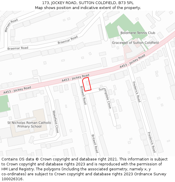 173, JOCKEY ROAD, SUTTON COLDFIELD, B73 5PL: Location map and indicative extent of plot