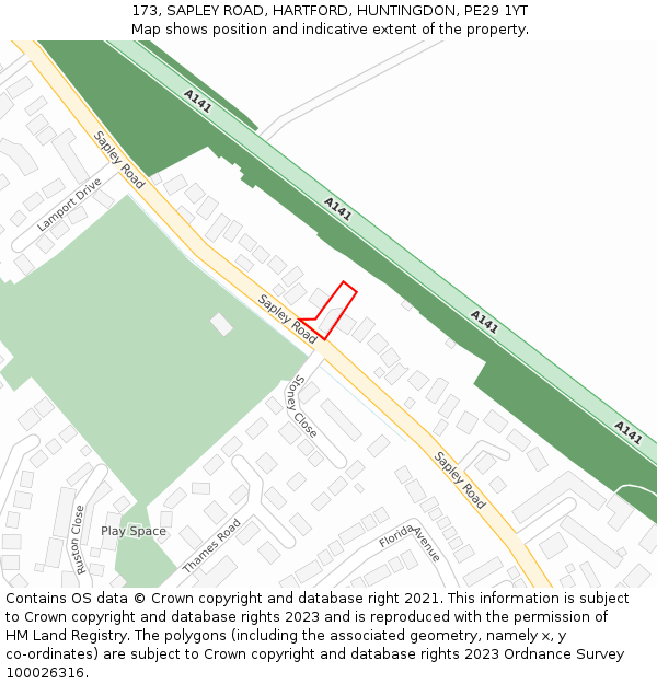 173, SAPLEY ROAD, HARTFORD, HUNTINGDON, PE29 1YT: Location map and indicative extent of plot