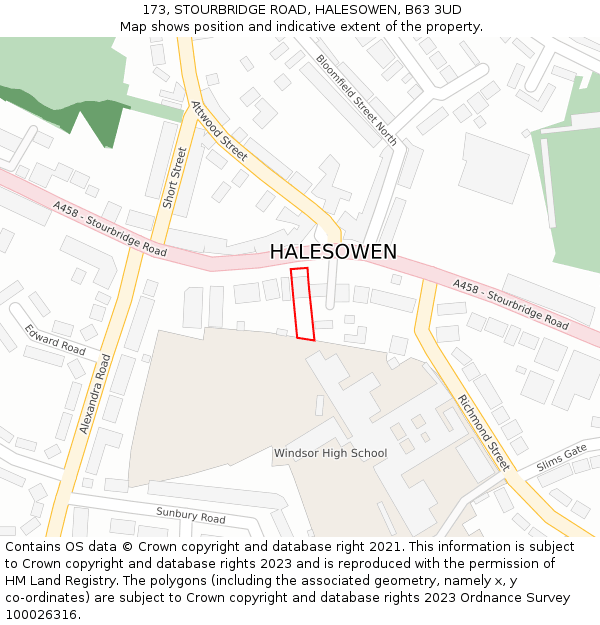 173, STOURBRIDGE ROAD, HALESOWEN, B63 3UD: Location map and indicative extent of plot