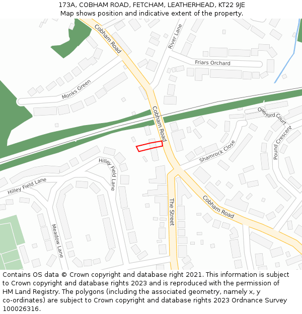 173A, COBHAM ROAD, FETCHAM, LEATHERHEAD, KT22 9JE: Location map and indicative extent of plot