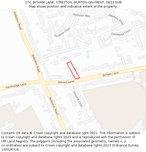 174, BITHAM LANE, STRETTON, BURTON-ON-TRENT, DE13 0HB: Location map and indicative extent of plot