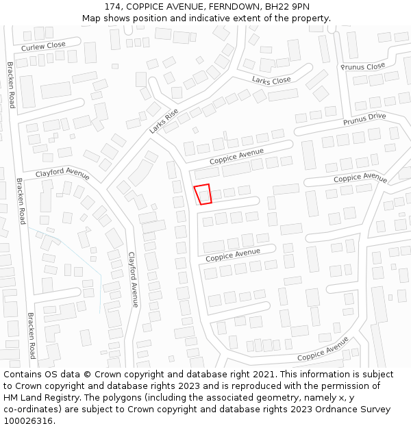 174, COPPICE AVENUE, FERNDOWN, BH22 9PN: Location map and indicative extent of plot