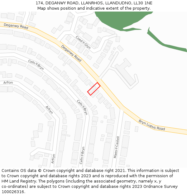 174, DEGANWY ROAD, LLANRHOS, LLANDUDNO, LL30 1NE: Location map and indicative extent of plot