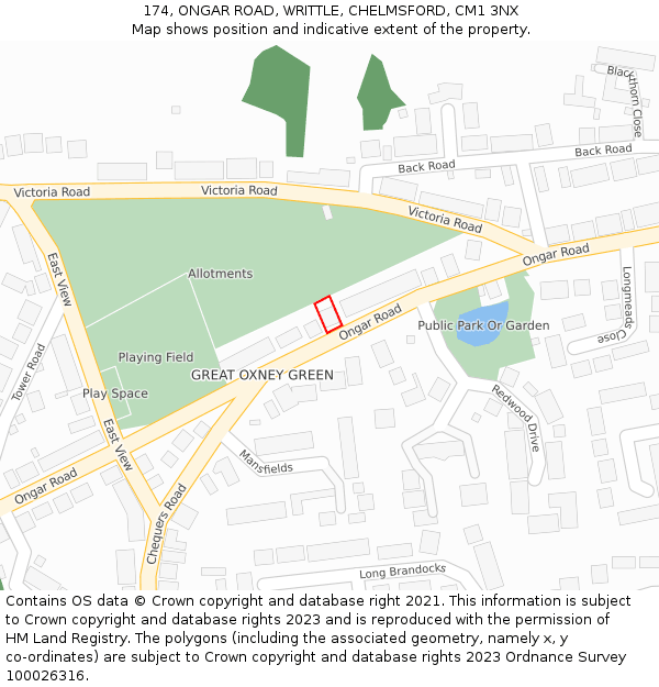 174, ONGAR ROAD, WRITTLE, CHELMSFORD, CM1 3NX: Location map and indicative extent of plot