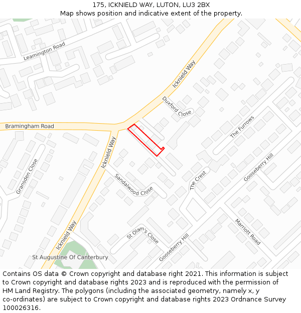 175, ICKNIELD WAY, LUTON, LU3 2BX: Location map and indicative extent of plot