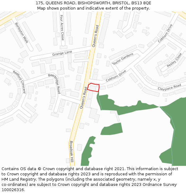 175, QUEENS ROAD, BISHOPSWORTH, BRISTOL, BS13 8QE: Location map and indicative extent of plot