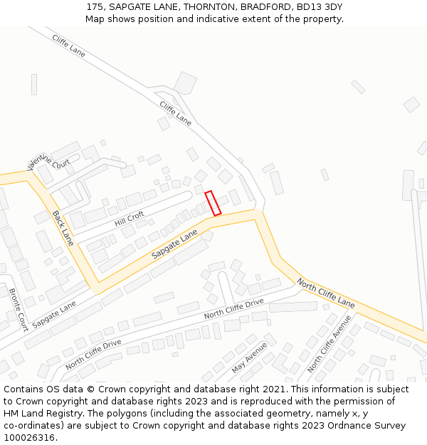 175, SAPGATE LANE, THORNTON, BRADFORD, BD13 3DY: Location map and indicative extent of plot