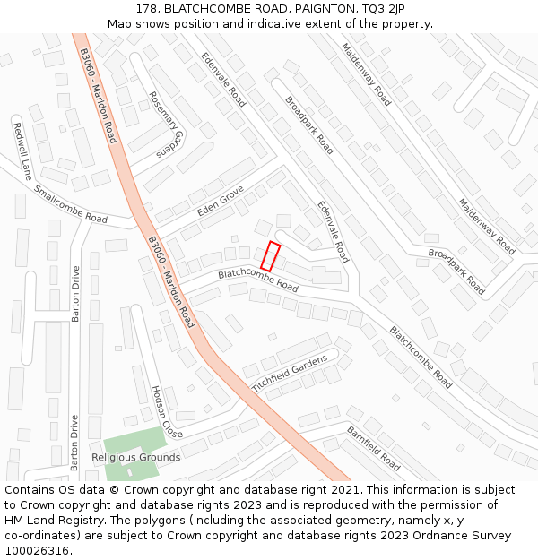 178, BLATCHCOMBE ROAD, PAIGNTON, TQ3 2JP: Location map and indicative extent of plot