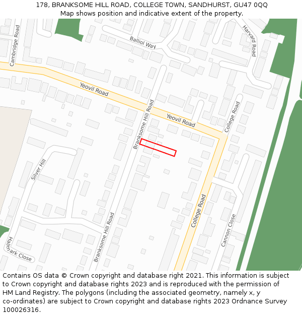 178, BRANKSOME HILL ROAD, COLLEGE TOWN, SANDHURST, GU47 0QQ: Location map and indicative extent of plot