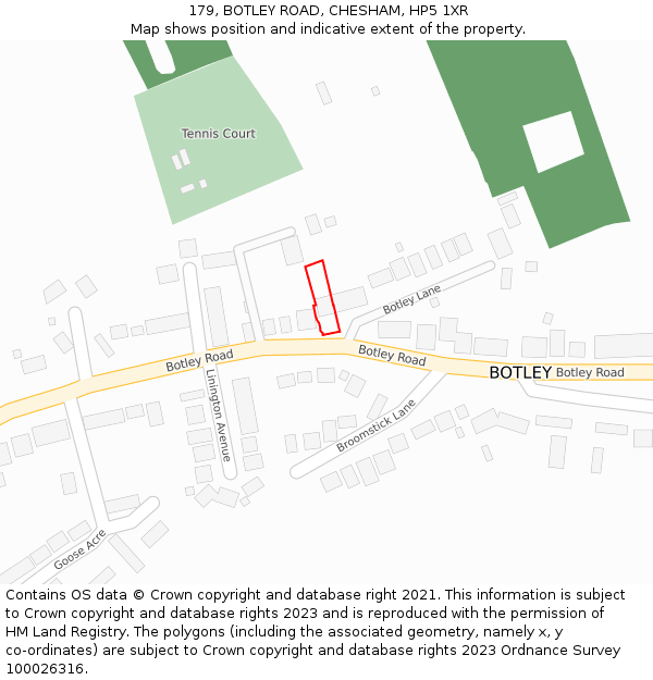 179, BOTLEY ROAD, CHESHAM, HP5 1XR: Location map and indicative extent of plot