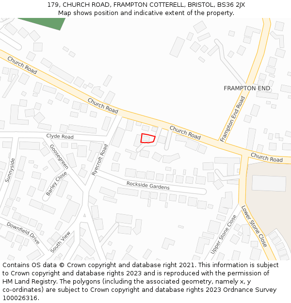 179, CHURCH ROAD, FRAMPTON COTTERELL, BRISTOL, BS36 2JX: Location map and indicative extent of plot