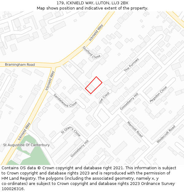 179, ICKNIELD WAY, LUTON, LU3 2BX: Location map and indicative extent of plot