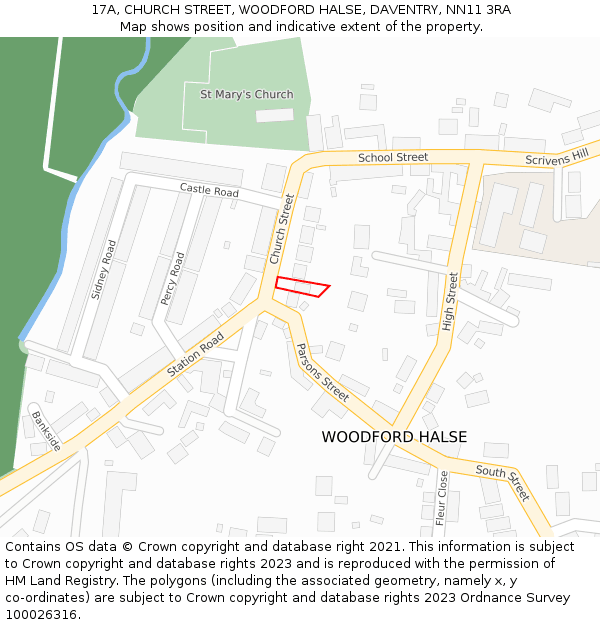 17A, CHURCH STREET, WOODFORD HALSE, DAVENTRY, NN11 3RA: Location map and indicative extent of plot