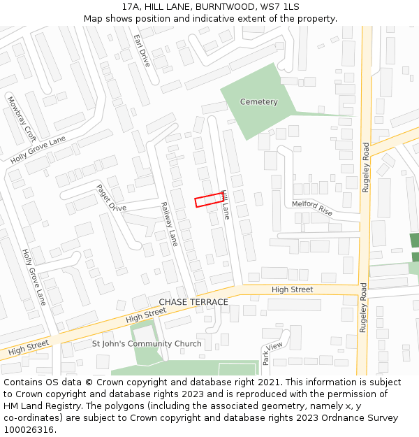 17A, HILL LANE, BURNTWOOD, WS7 1LS: Location map and indicative extent of plot