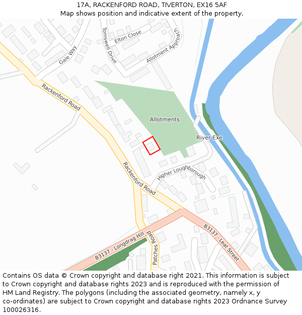 17A, RACKENFORD ROAD, TIVERTON, EX16 5AF: Location map and indicative extent of plot