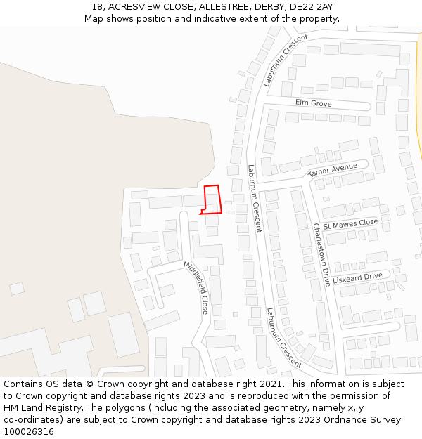 18, ACRESVIEW CLOSE, ALLESTREE, DERBY, DE22 2AY: Location map and indicative extent of plot